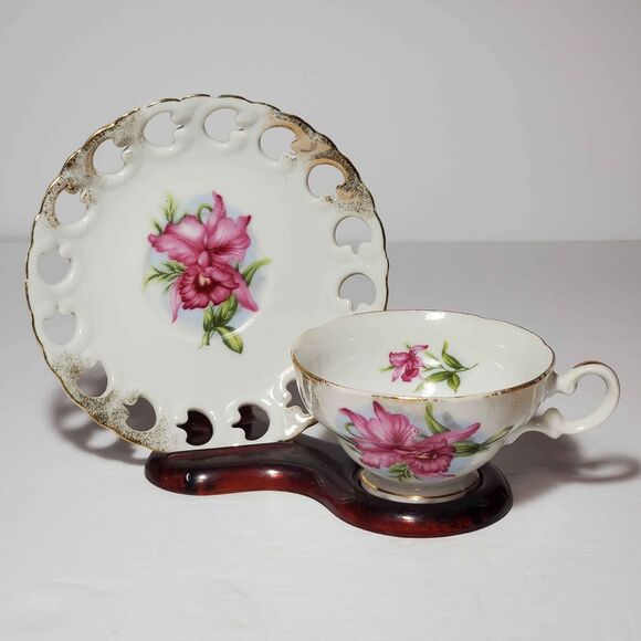 Lefton Teacup and Saucer Pink Orchid Vintage Reticulated - Picture 1 of 9